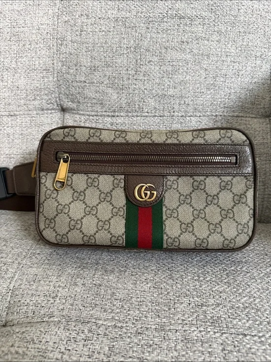Unisex Gucci Beige GG Supreme Canvas Brown Leather Belt Bag with Green and Red