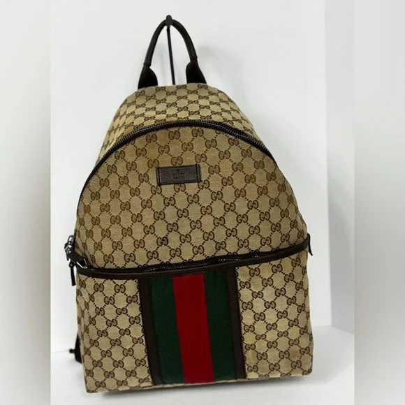 Gucci GG Supreme Cambas Web Monogram Beige and Green Backpack