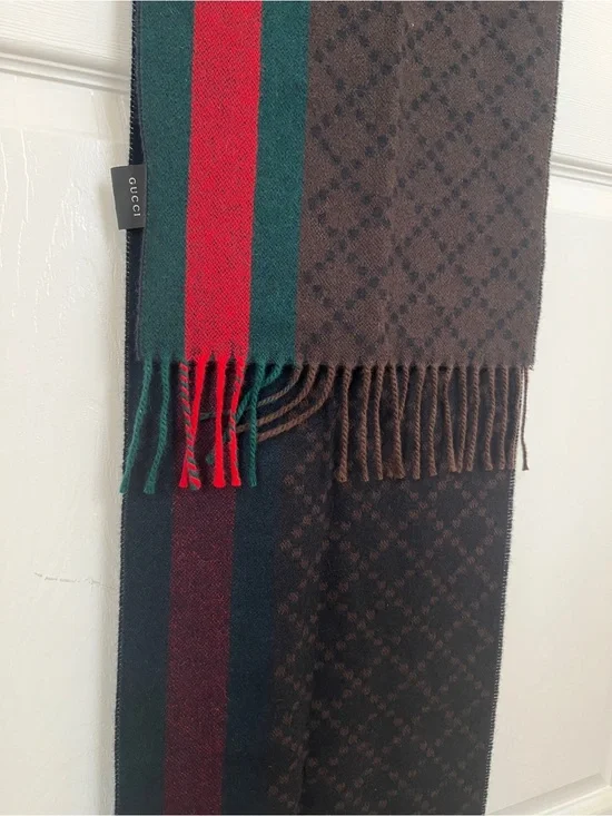 Gucci Brown Monogram Scarf with Red & Green Stripes