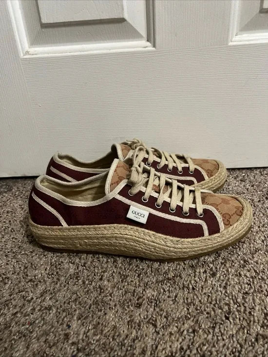 Gucci Burgundy & Beige Canvas Espadrille Sneakers