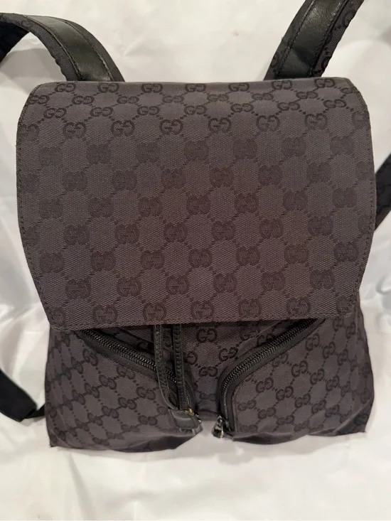 Gucci Black GG Canvas Backpack with Front Zip Pockets