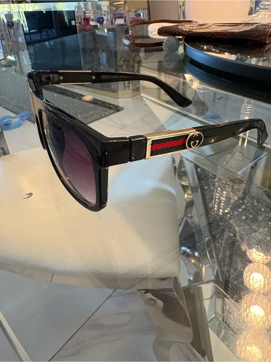 Gucci Black Sunglasses with Gold-Tone GG and Green-Red Web