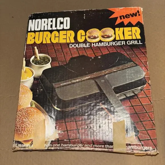 Vintage Norelco Burger Cooker Double Hamburger Grill Model HB 2222-OPEN BOX