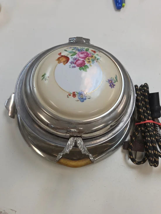 Cream Floral Porcelain Electric Warming Dish with Silver-Tone Base