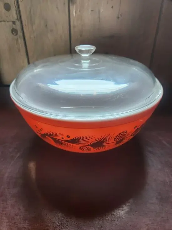 Vintage Pyrex 404 Holiday Pine Needles Orange Red Mixing Bowl w/ Lid 4Qt