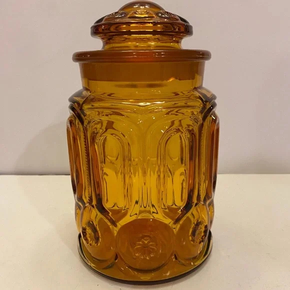 Vintage LE Smith Moon and Stars Amber Glass Cannister 9.5”