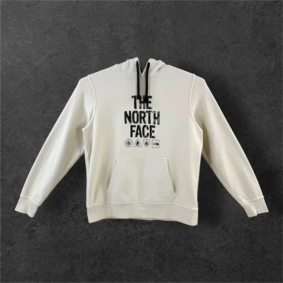 The North Face Mens Graphic Logo Hoodie Cream Off White Large Fleece Sweatshirt