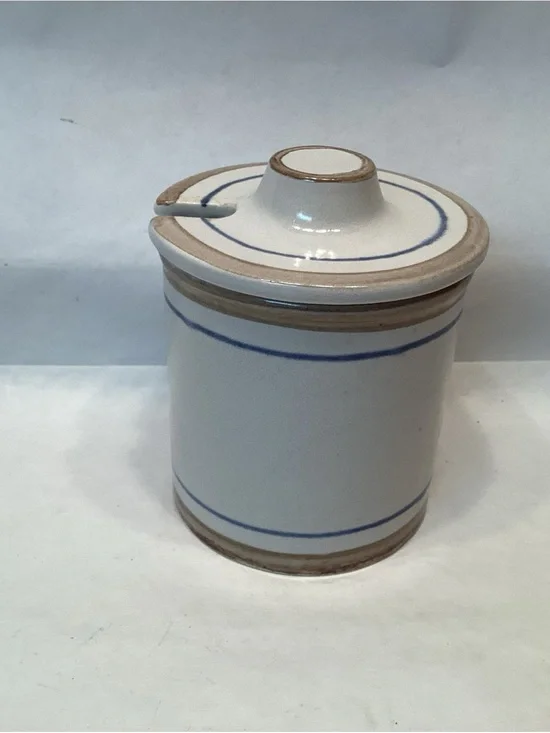 Art Pottery Studio Honey Jam Condiment Jar Stoneware Gray Blue Band Vintage