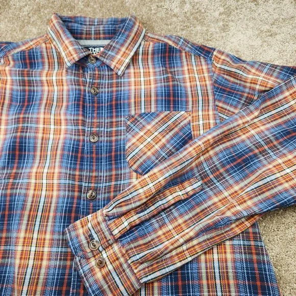 The North Face Mens Large Blue Orange Plaid Flannel Button Down Shirt Cotton