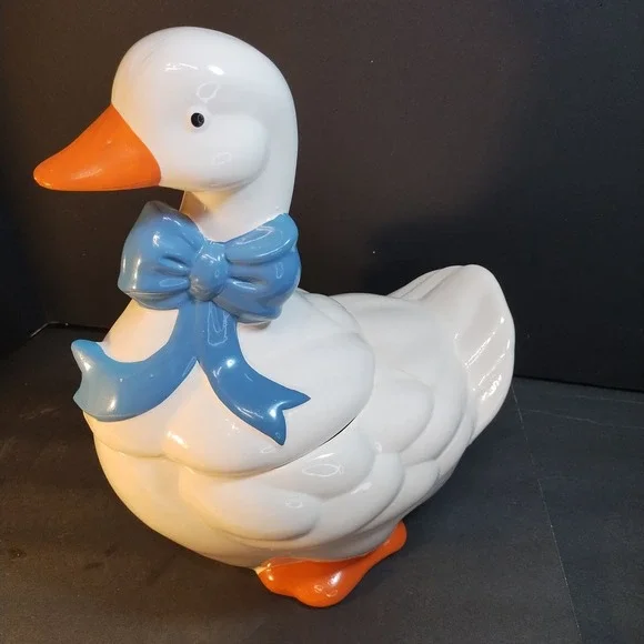 Vintage Mother Goose Cookie Jar White Ceramic Blue Bow Orange Beak LG Farmhouse