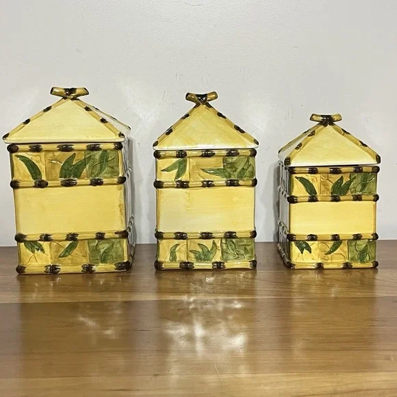 WCL Vintage 3 Piece Canister‎ Set Green & Yellow Bamboo Design Square With Lids