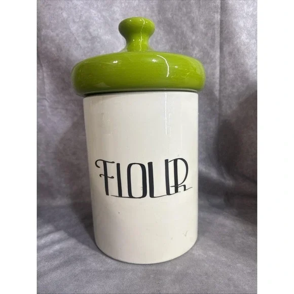 VINTAGE MCM HOLIDAY DESIGNS CERAMIC FLOUR CANISTER‎ GREEN MUSHROOM LID 13