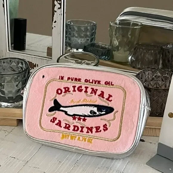 Pink Sardine Makeup Bag Travel Cosmetic Pouch Brush Set Tinned Fish Plush