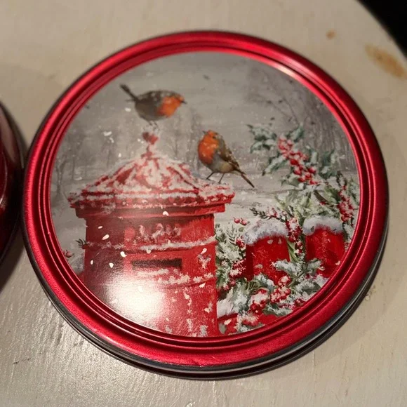 Round Christmas Tin Red Mailbox Robin Snow‎ Holiday Storage Container