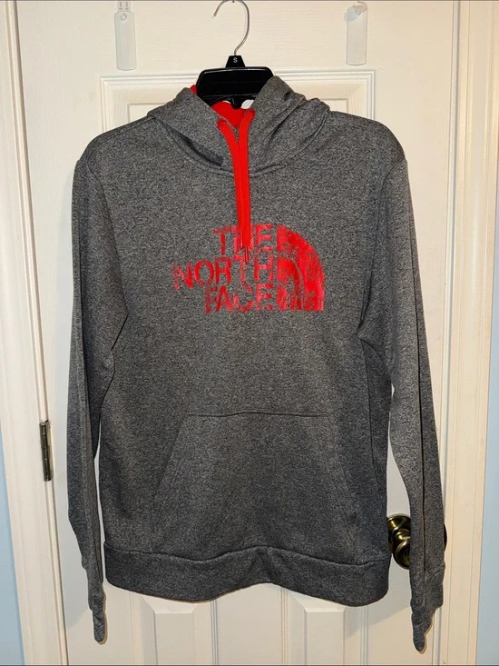 The North Face Men’s Heather Gray Hoodie with Red Logo and Drawcord