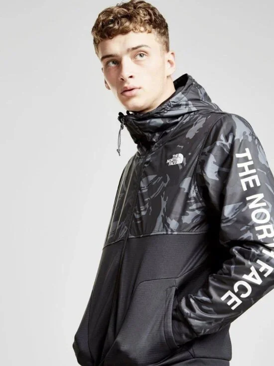 North Face Jacket Men’s Train N Logo Overlay Hooded Black Camouflage Large