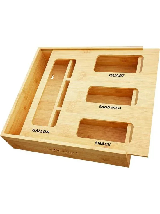 Bamboo Kitchen Drawer Bag Storage Organizer - 4 Slot for Gallon, Quart & Snack
