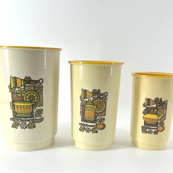 Vintage MCM Nesting Kitchen Canister Set Cream Yellow Retro 70s Excellent
