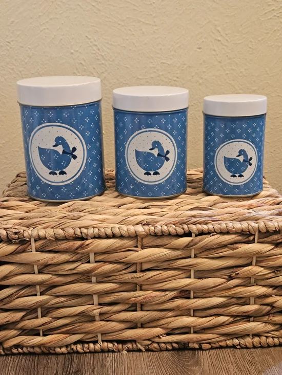 Vintage 1980s Blue Country Goose Nesting Tin Canister Set - 3 Piece