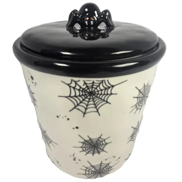 Dwell Essentials Halloween Canister OS Cream Black New Spider Web Gothic Ceramic