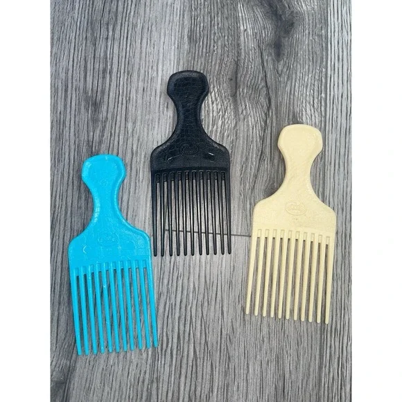 Vintage Goody USA Hair Picks/Lift Combs Textured Plastic Black Cream & Turquoise