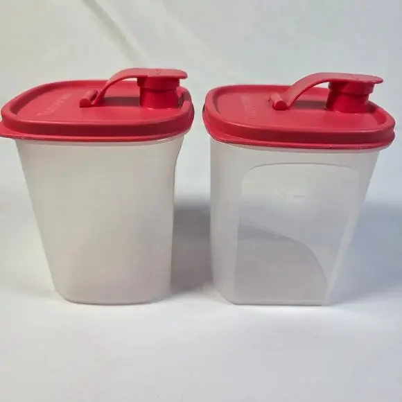 Tupperware Slim Line Pitchers 1 Qt Red Flip Top Spout Lids Set of 2