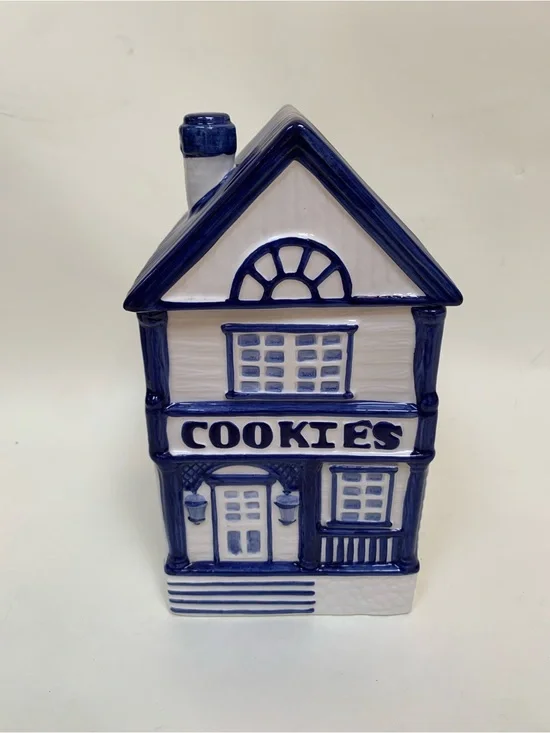 Vintage CKAO Ceramic Victorian Style House Cookie Jar Blue White, 11
