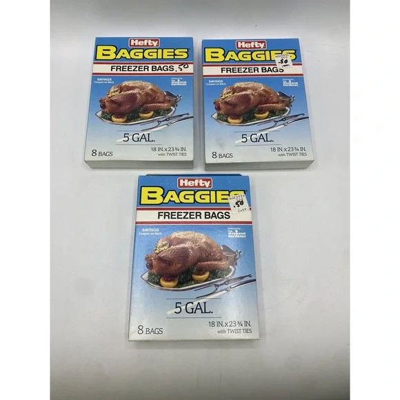 Vintage Hefty Baggies 5 Gal Freezer Bags 3pk 8ct‎ 18x23.75 1988 F3-3208N USA