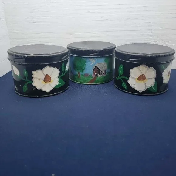 Vintage Black Floral Farmhouse Tin Set 3 Round Storage Canisters Decor