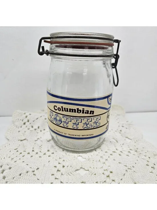 Vintage Tradewind Importers Columbian Coffee Glass Canister Jar Wire Bail 1L