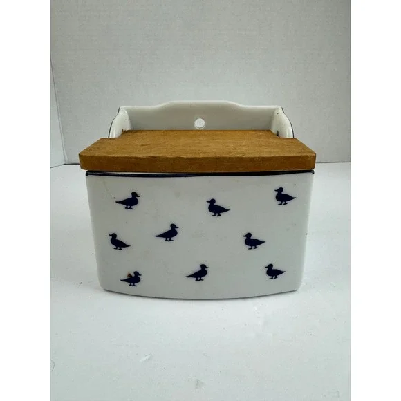 Vintage Shafford Blue Ducks Fine Porcelain Wall Hanging Salt Box Wooden Lid