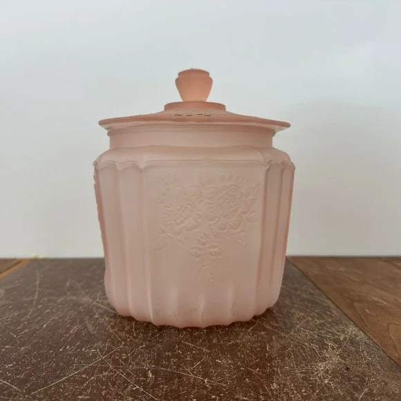 Antique Pink Depression Frosted‎ Satin Glass Biscuit Jar Hand Painted Floral Lid