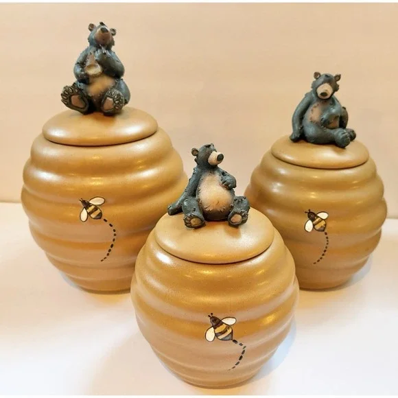 Honour Black Bear Honey Beehive 3 Piece Canister Set Ceramic Tan Brown Kitchen