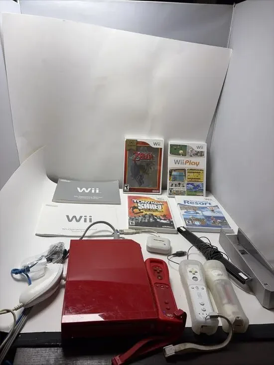 Nintendo Wii 25th Anniversary Red Console Bundle, 3 Remotes, 4 Games ,2 Nunchuk