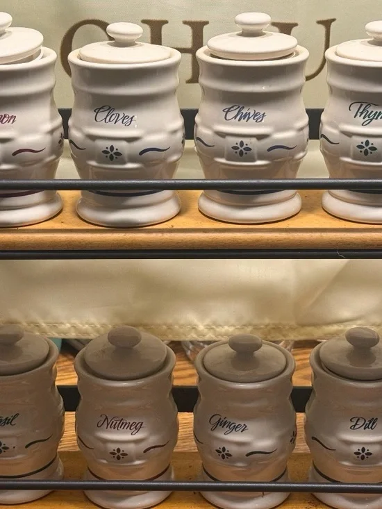 Longaberger Cream Ceramic Spice Jar Set with Colored