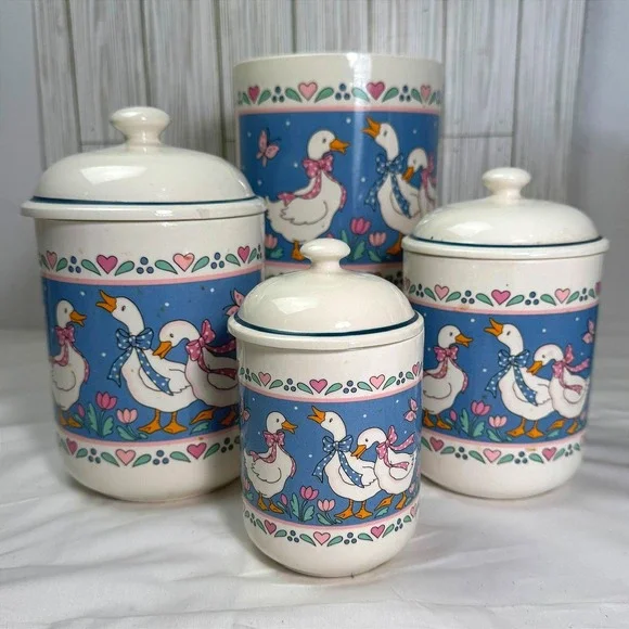 Vintage Country Goose Ceramic Canister Set 4 Piece Blue Pink Hearts 80s Kitchen