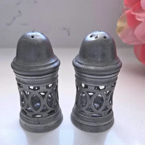 VTG Cosi Tabellini Pewter Salt Pepper Shakers Glass Inserts Lattice Openwork Set