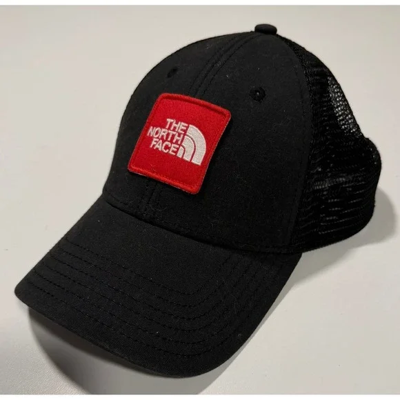 The North Face Mudder Trucker Hat Black Red Logo Patch Snapback Mesh Cap Unisex