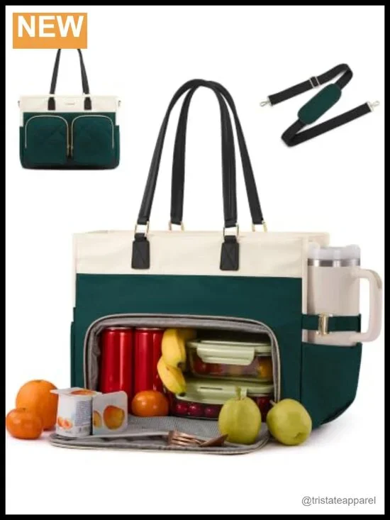 Insulated Lunch Tote Bag with Laptop Sleeve, Water-Resistant, PU Leather