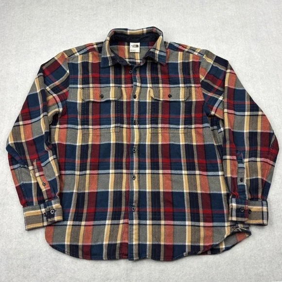 The North Face Mens Large Arroyo Heavyweight Cotton Plaid Flannel Shirt Navy Red