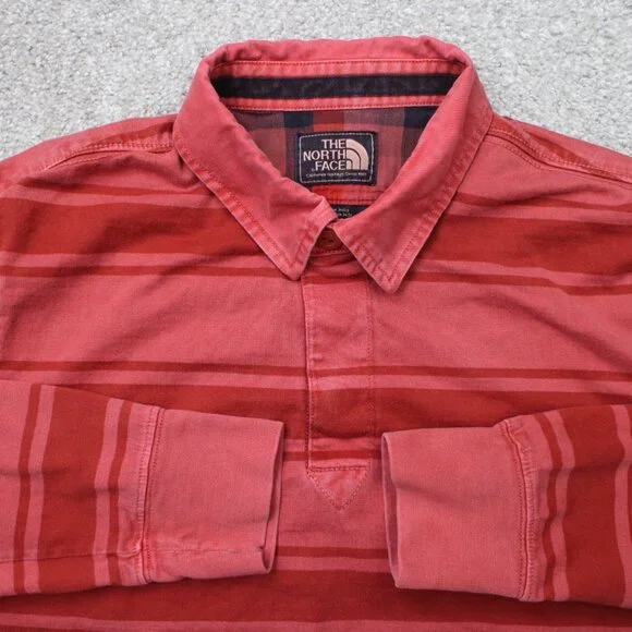 The North Face Polo‎ Shirt Mens Medium Red Striped Cotton Long Sleeve Pullover