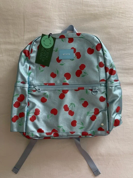 STATE Bags Kane Double Pocket Large Backpack- Metallic Blue Cherries