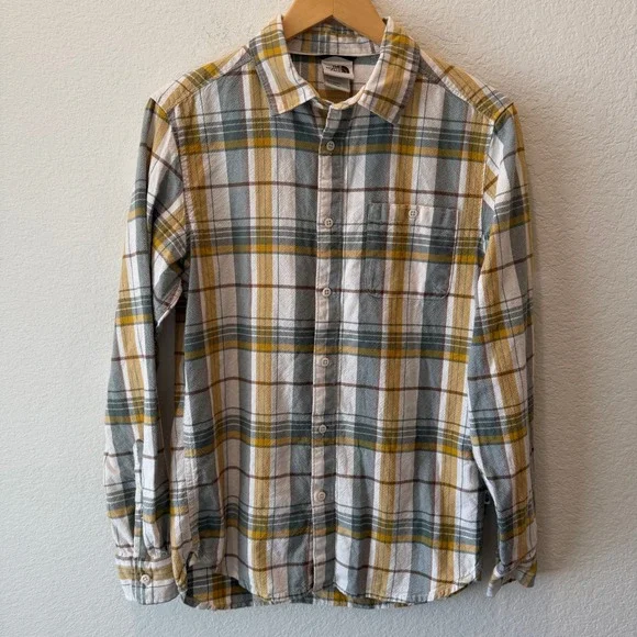 The North Face Mens Plaid Long Sleeve Button Down Shirt Yellow Grey White Small