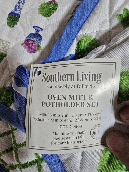 Southern Living Bunny Topiary Oven Mitt Pot Holder Set Chinoiserie Easter Blue