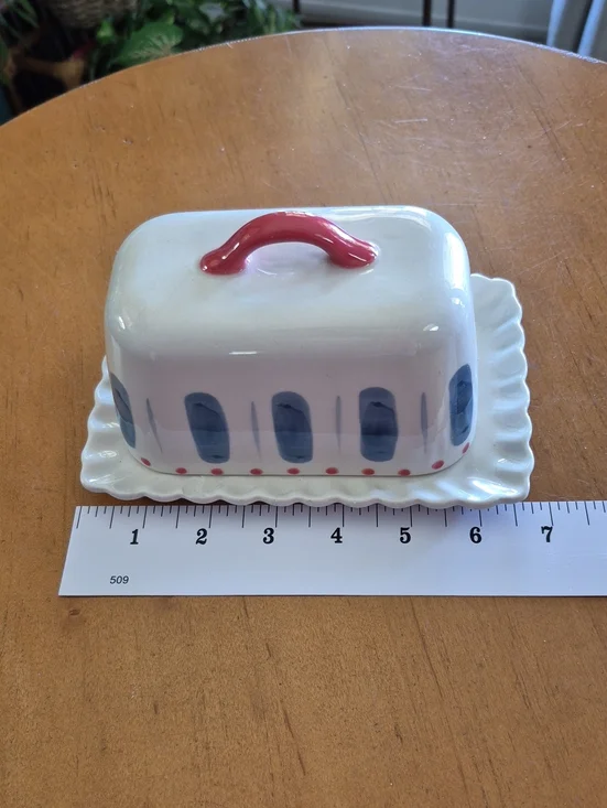 Anthropologie Ceramic Butter Dish with Red Handle and Blue Accent