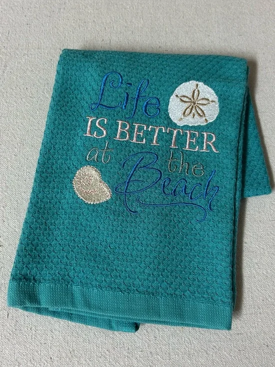 Beach Themed Kitchen Towel Turquoise Embroidered Textured Dish Towel Dishcloth