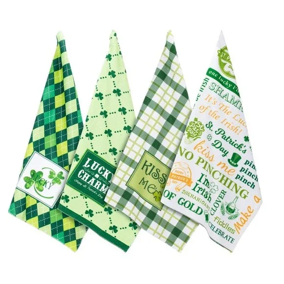 Whaline 4 Pack St Patrick's Day Kitchen Towels Green Shamrock Dish Hand Towels