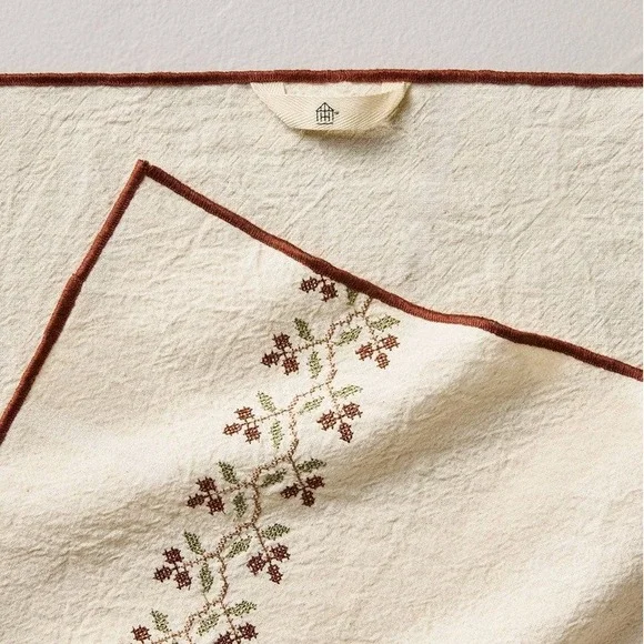 Hearth & Hand Magnolia Flour Sack Kitchen Towel Floral Stitched Fall Icon Leaves