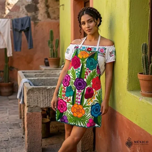 Mexican Embroidered Bib Apron for Women – Multicolor with Floral Design S M