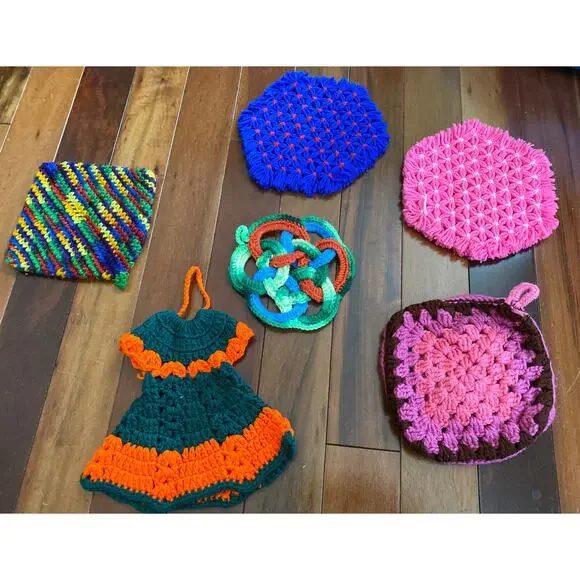 Vintage Crochet Potholders/ Hot‎ Pads + crochet bottle dress (?).